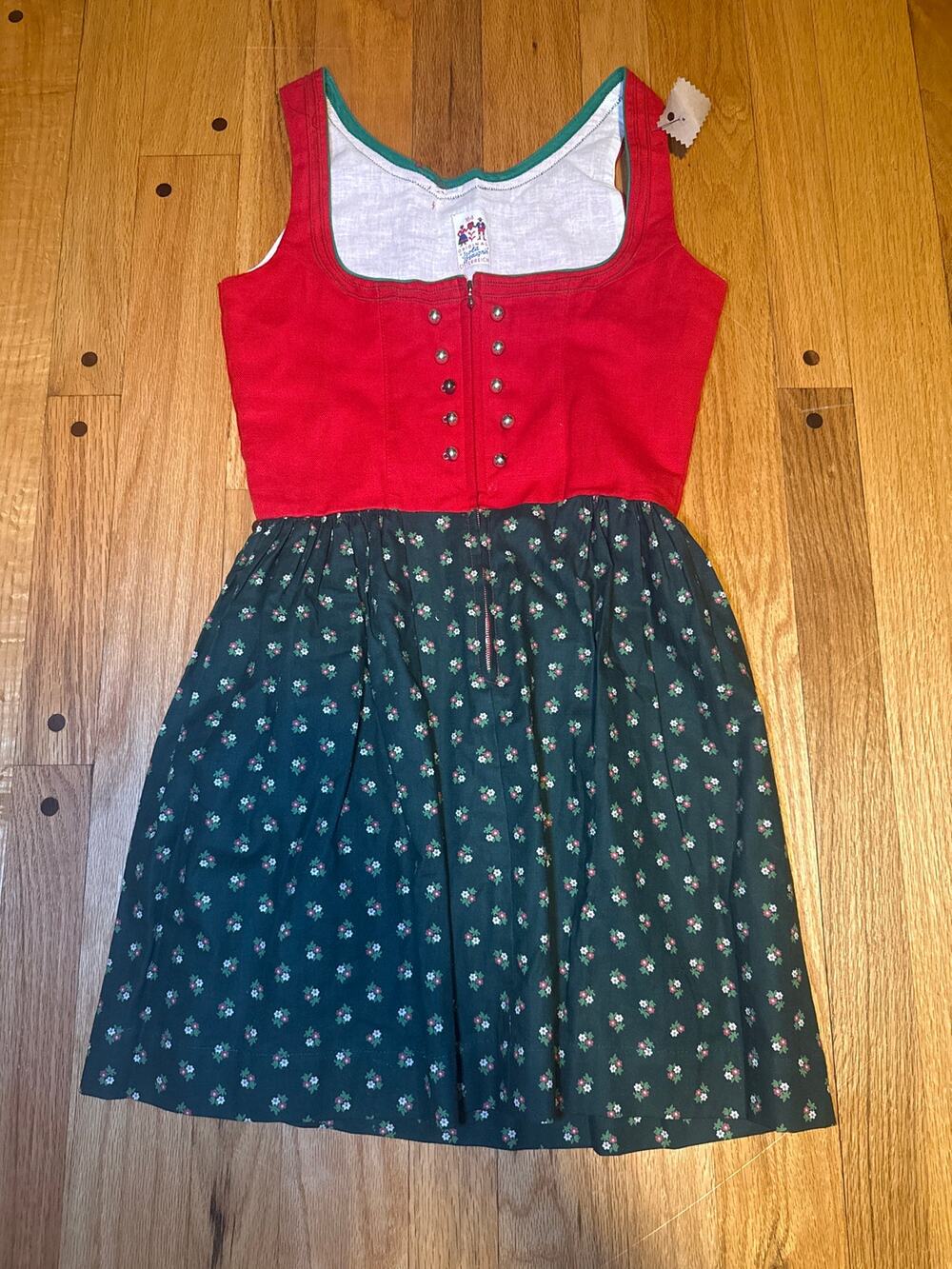 Vintage Isola Austria Dirndl Dress Sz 164 Red Green Oktoberfest Trachten Floral